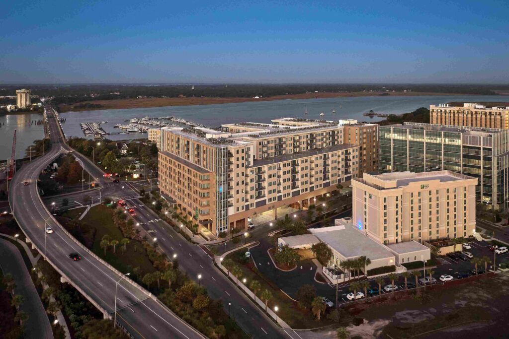 Aerial view of hotel near the Ashley River, Charleston